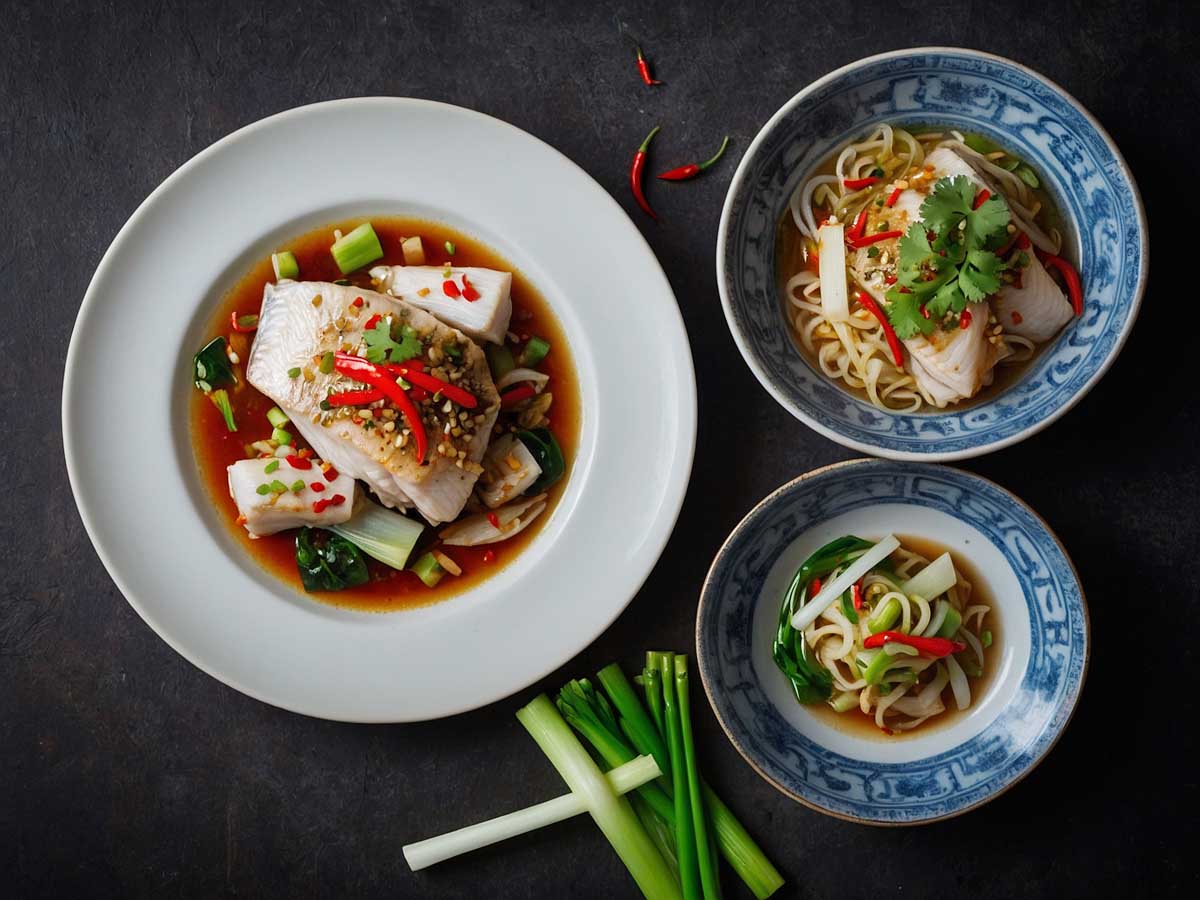 Chinese steamed fish with ginger and spring onion