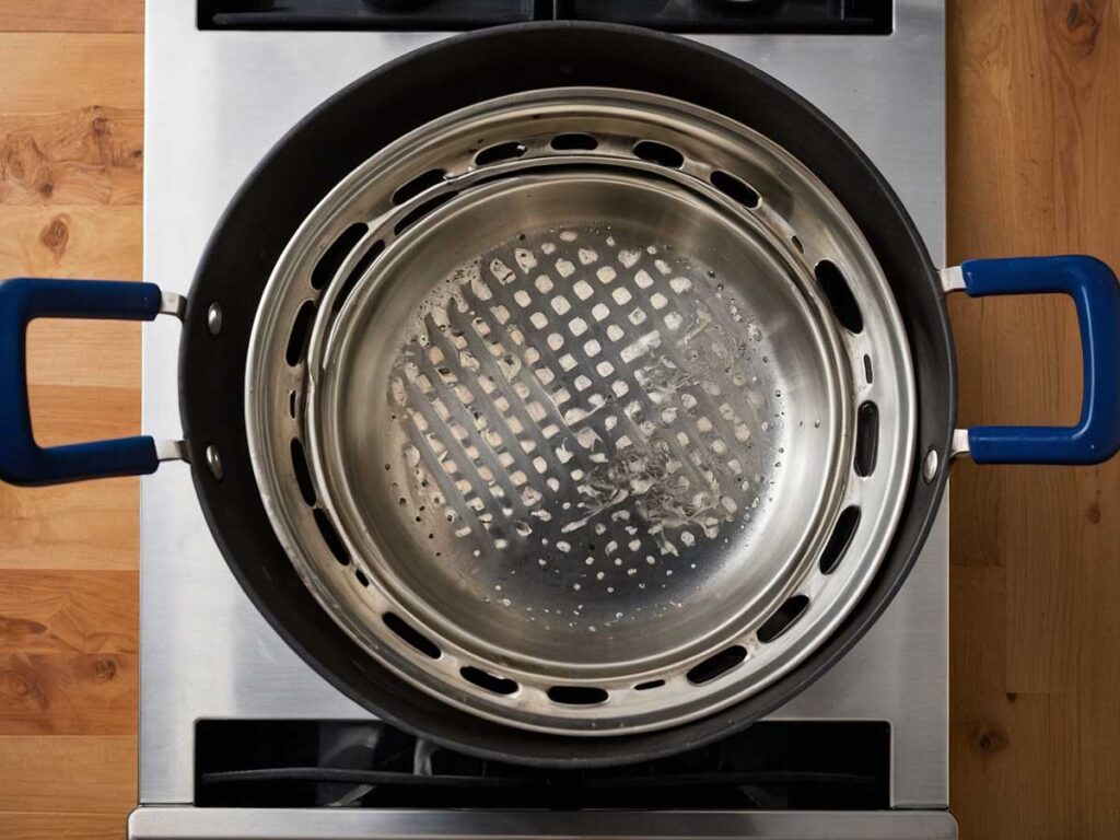 Preparing the steamer with water boiling in a wok pan