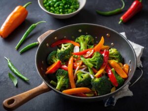 Adding Aldi stir fry vegetables to the wok