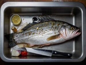 Rinsing and cleaning sea bass under cold water