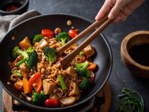 Combining protein and vegetables with soy sauce in a wok