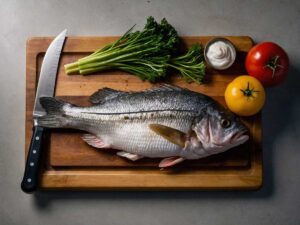 Making diagonal cuts on sea bass for steaming