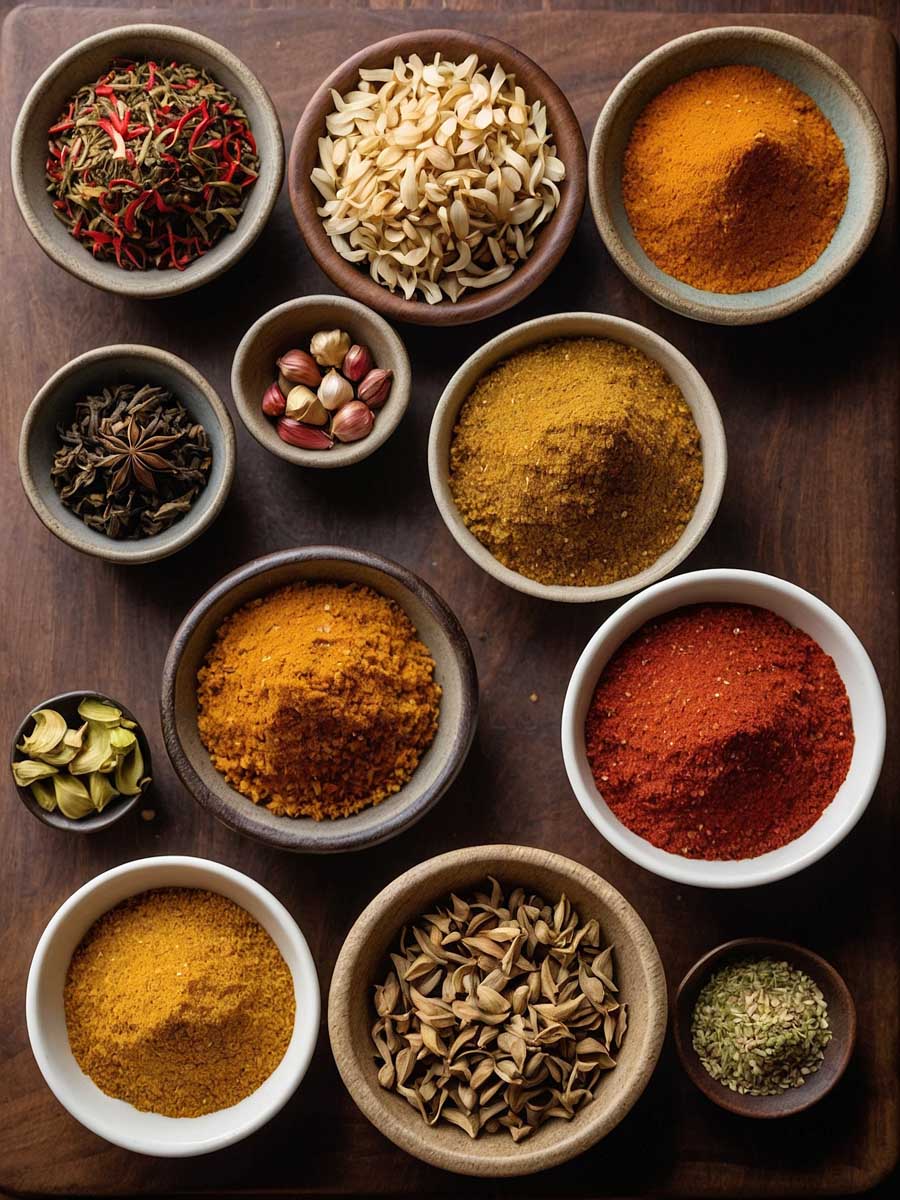 Ingredients for stir fry seasoning including soy sauce, garlic, ginger, and spices