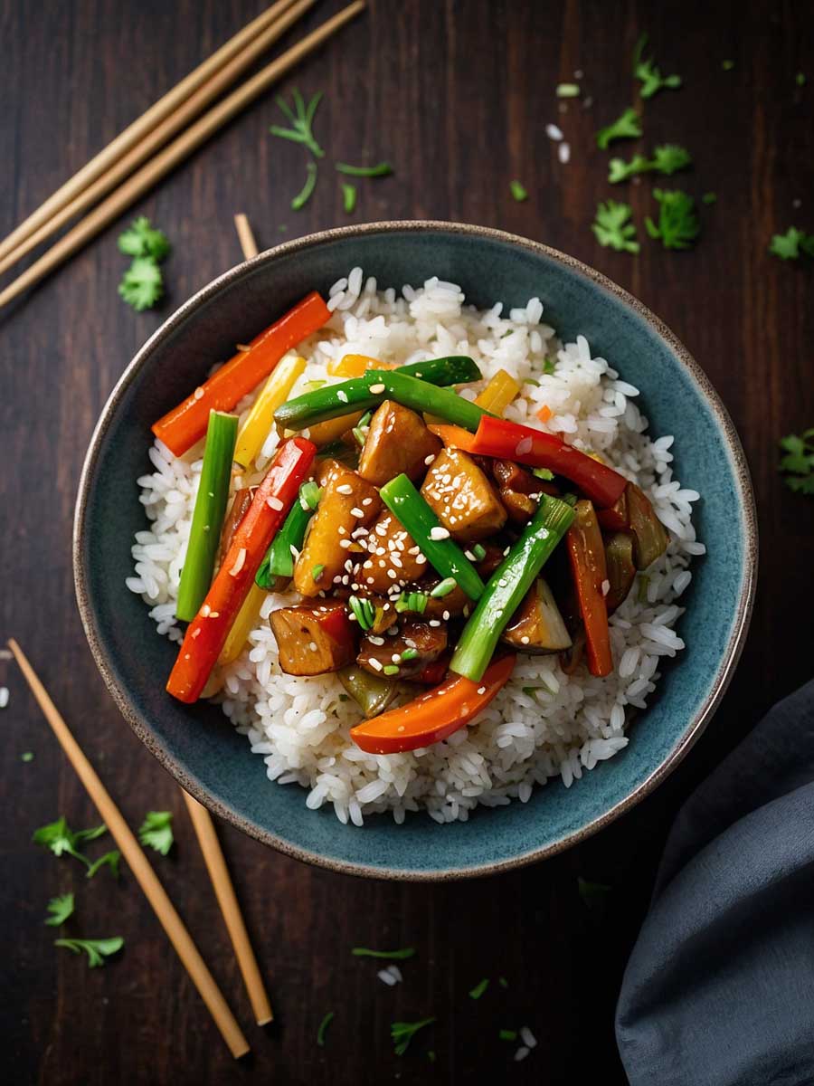 Served stir fry vegetables with rice and garnishes