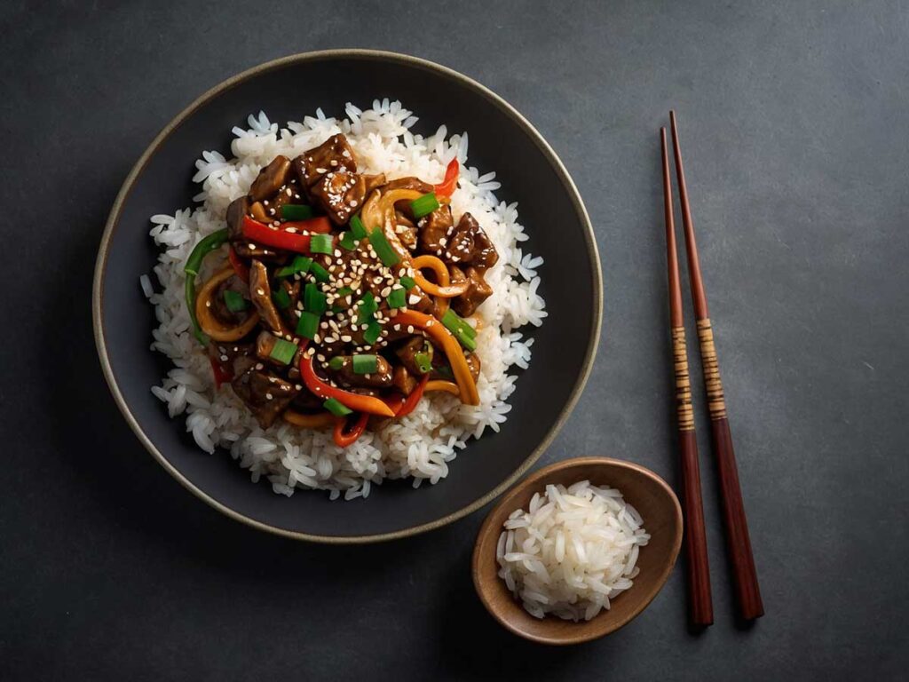 Stir fry vegetables with rice and garnishes in a bowl