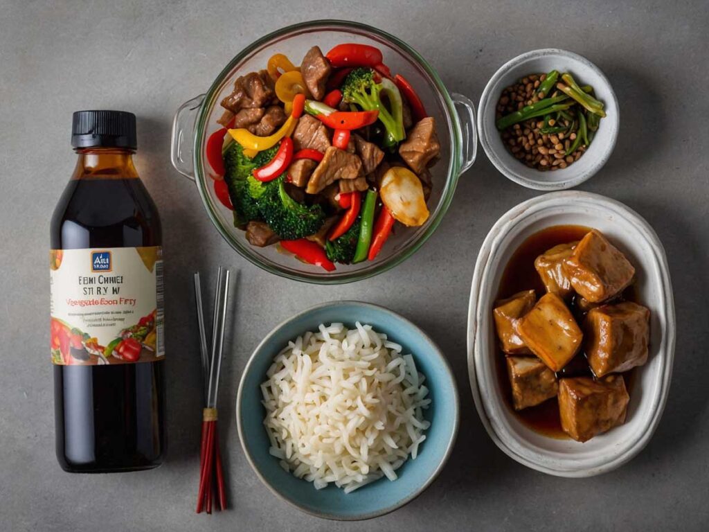 Prepared ingredients for Aldi stir fry vegetables, including soy sauce, oil, and optional proteins.